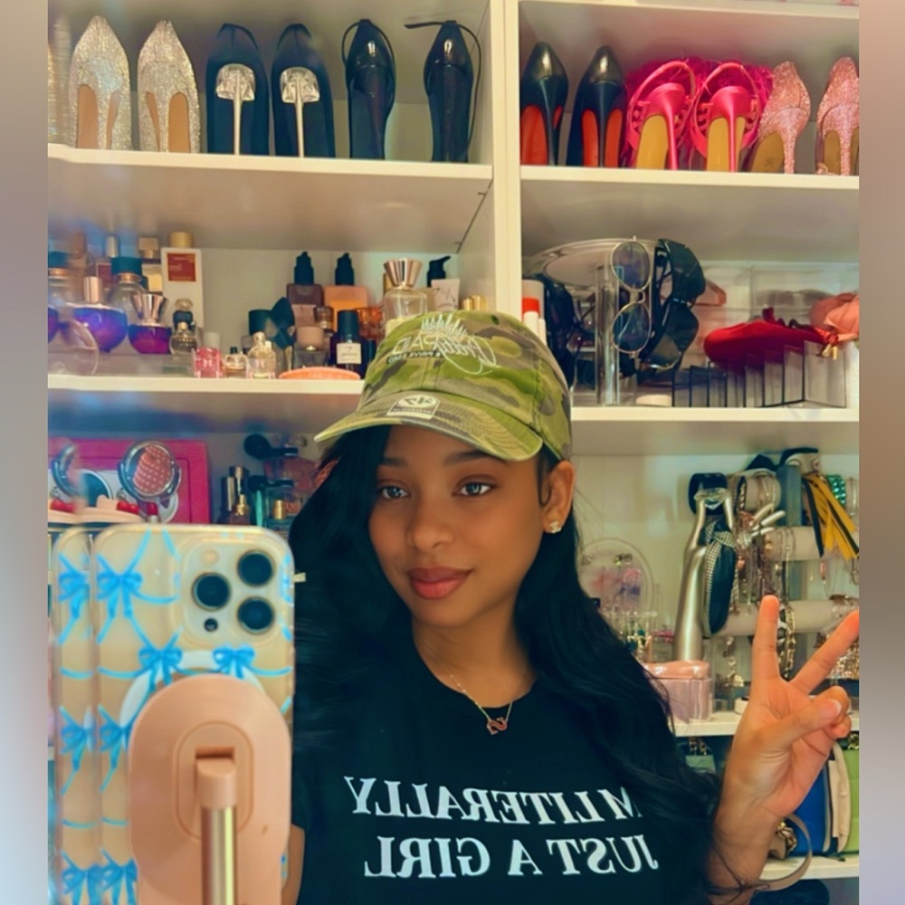 Camo Print “PRETTY, PAID, & PRIVILEGED baseball cap with ponytail hole